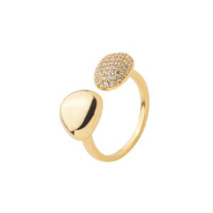 Anel Ajustável Duo Cravejado Com Detalhe em Dois Volumes Banhado em Ouro 18k