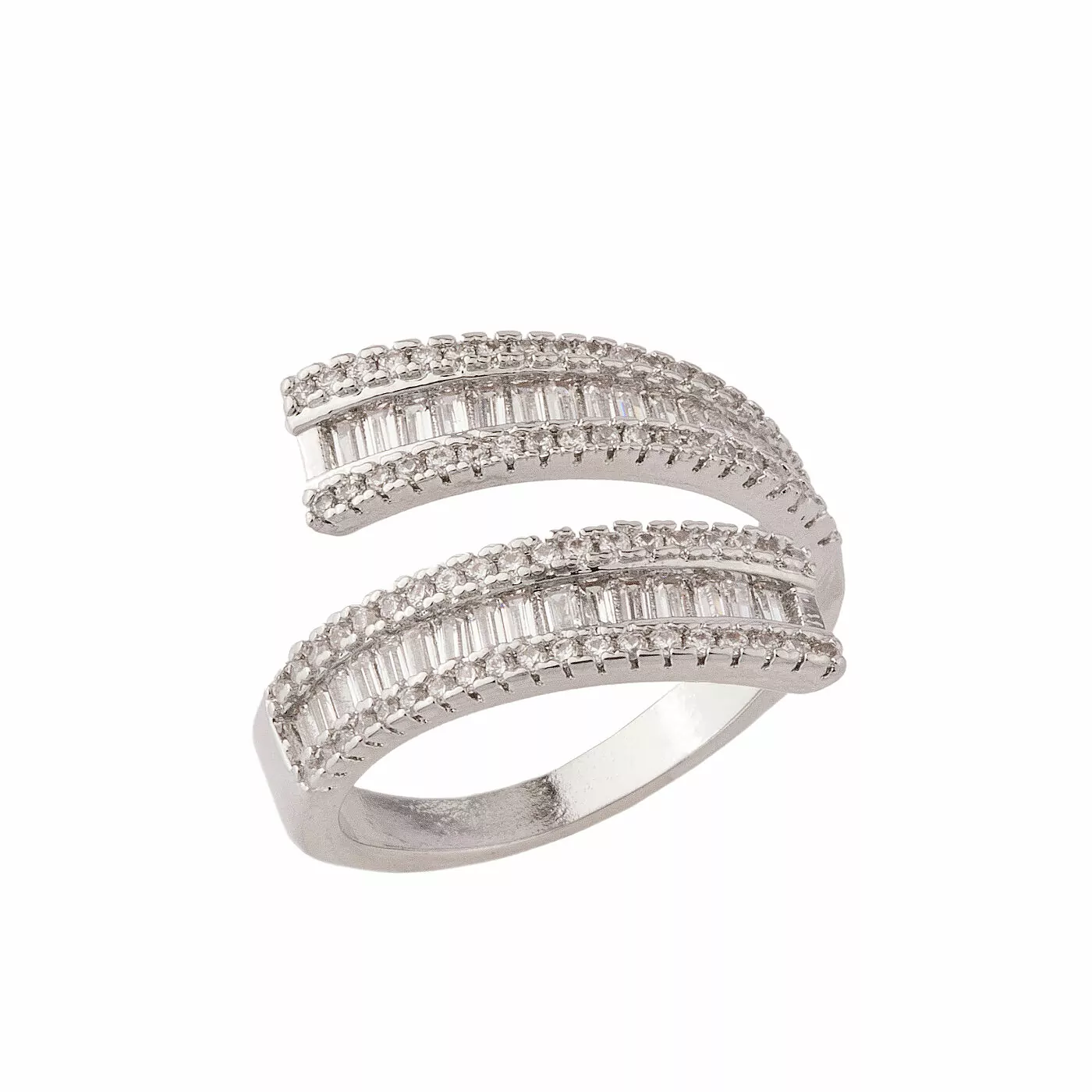 Anel Geométrico Duas Pontas Cravejadas Banhado em Ródio Branco