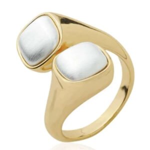 Anel Regulável Banhado em Ouro 18k com Formato orgânico Geométrico Duo Facetado Banho em Ródio Branco