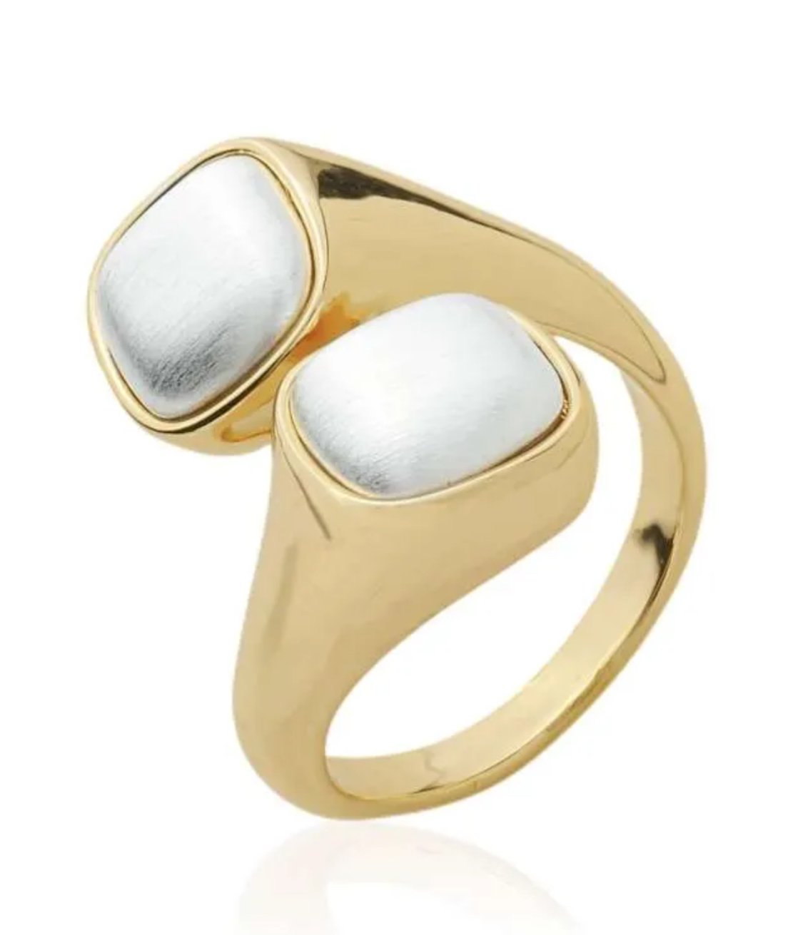 Anel Regulável Banhado em Ouro 18k com Formato orgânico Geométrico Duo Facetado Banho em Ródio Branco