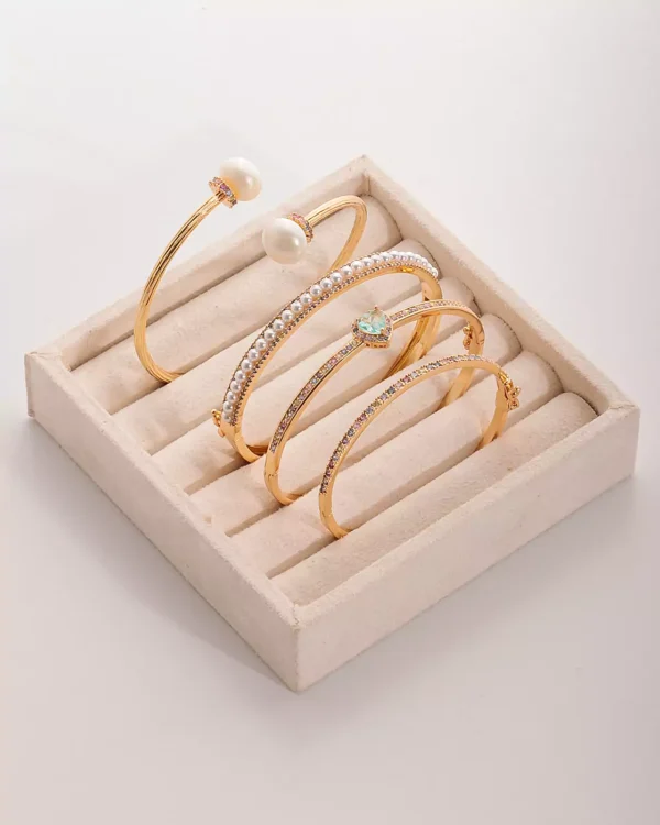 Bracelete Dual Pearl Liso Aberto Banhado em Ouro 18K