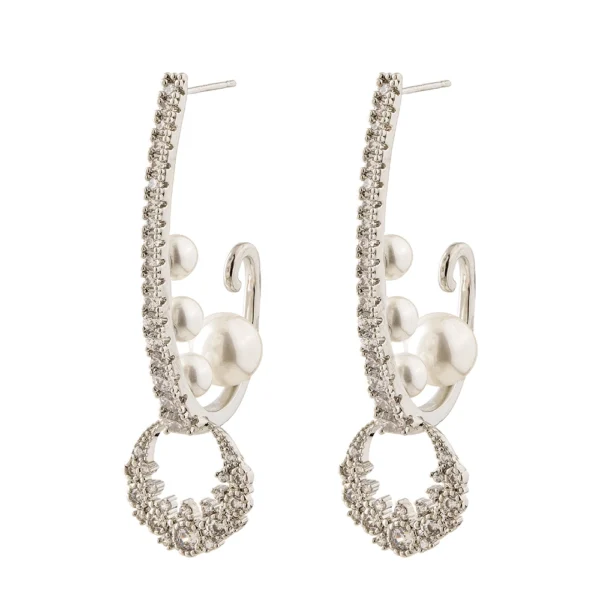 Brinco Luxo Arco de Pérola Banhado em Ródio Branco