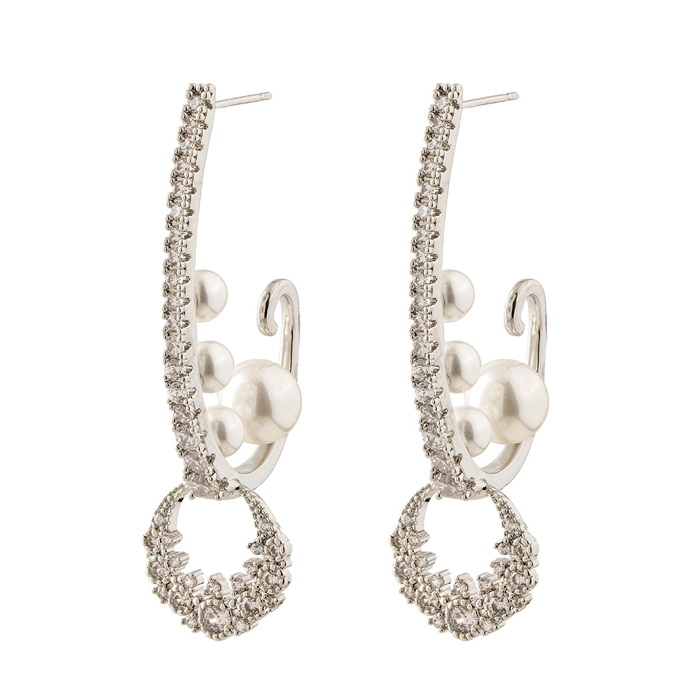 Brinco Luxo Arco de Pérola Banhado em Ródio Branco