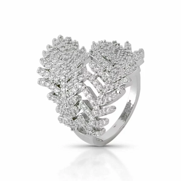 Anel Folhas Cravejado com Zircônias Banhado em Ródio Branco