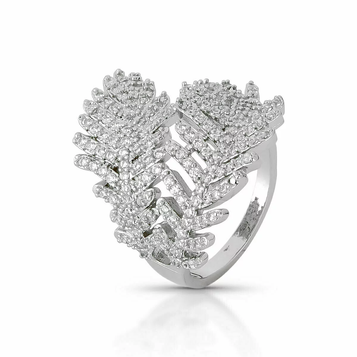 Anel Folhas Cravejado com Zircônias Banhado em Ródio Branco